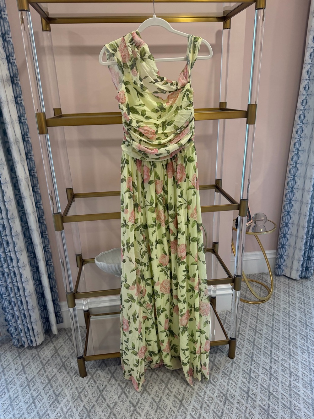Floral One-Shoulder Maxi Dress in Pale Yellow and Pink